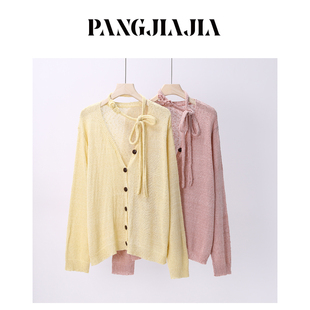 女装 胖妹妹mm大码 甜甜微醺针织衫 春季 上衣 钩花飘带长袖 胖佳佳