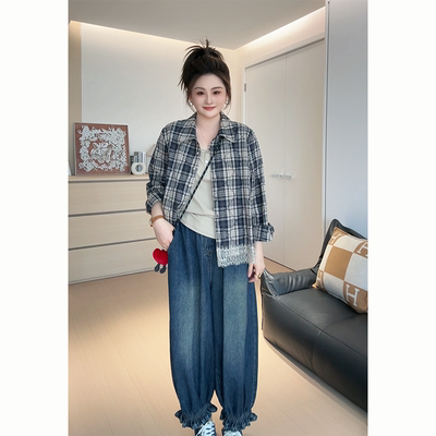 【胖佳佳】风气伦敦 纯棉格子衬衫时尚蕾丝拼接小衫女H625Z13406