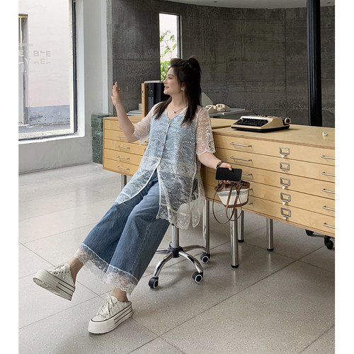 【胖佳佳】繁星花园 时尚蕾丝上衣花边牛仔裤两件套女H625A13232