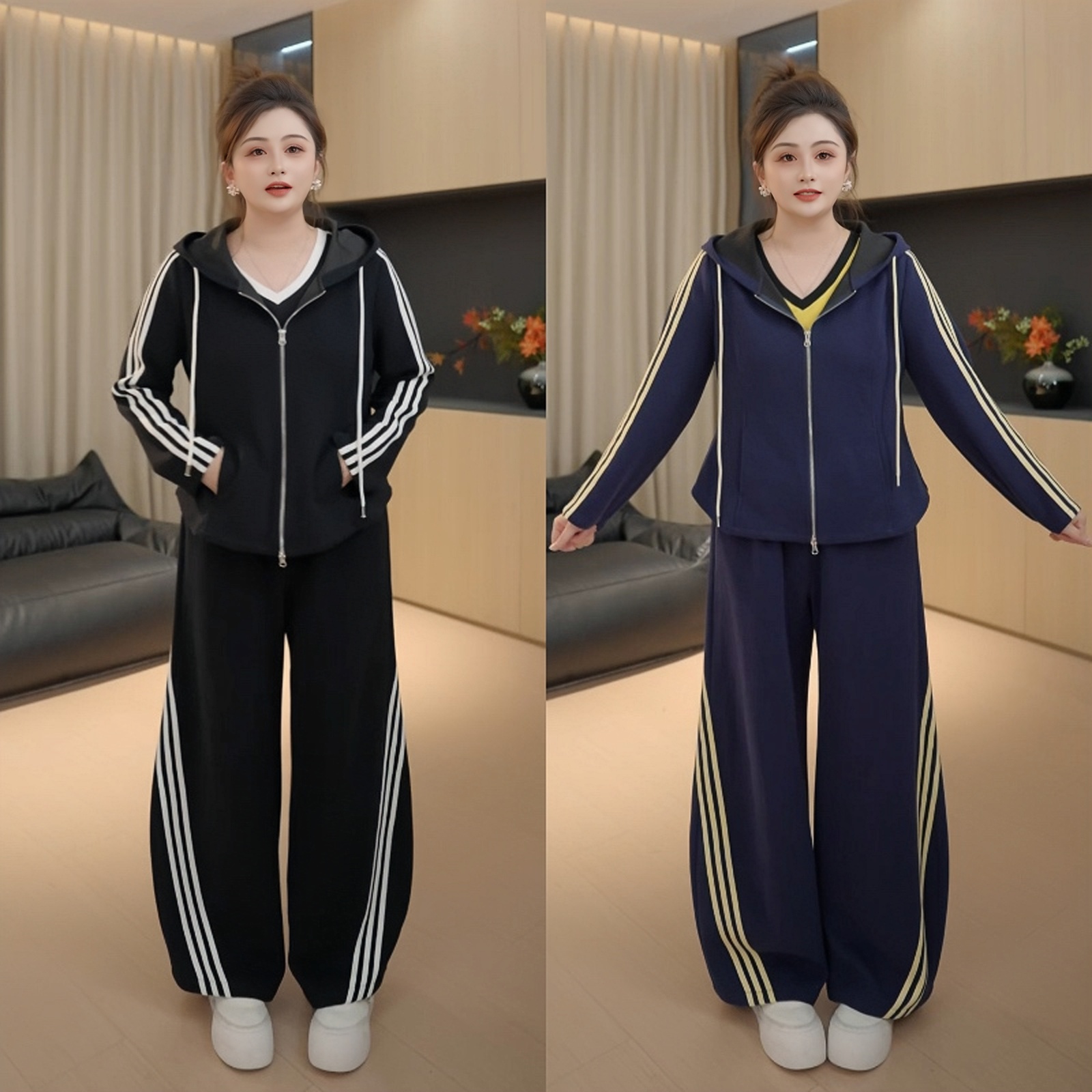 【胖佳佳】风靡时常 秋季新款时尚显瘦条纹休闲外套长裤两件套女