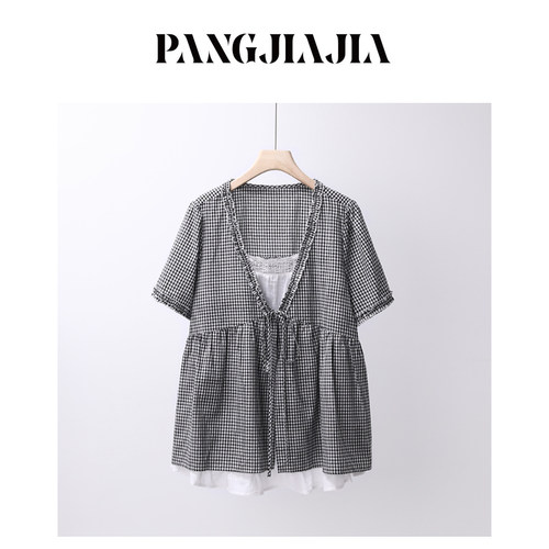 【胖佳佳】胖mm大码女装画报少女衬衫夏季假两件短袖格子宽松上衣
