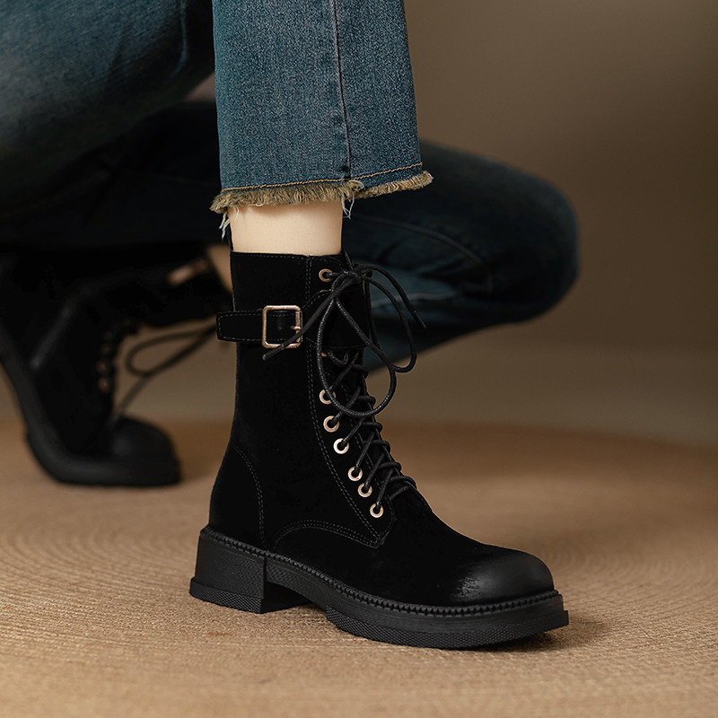 圆头绒面系带马丁靴女2025秋冬新款皮带扣侧拉链中筒机车靴瘦瘦靴