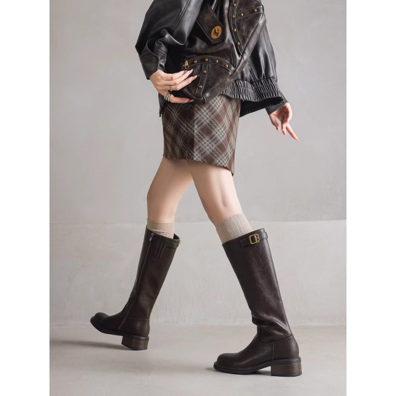 2026秋冬新款真皮圆头侧拉链高筒骑士靴女百搭皮带扣中粗跟长筒靴,女鞋,骑士靴,淘宝优惠券,粉丝福利购,淘宝优惠卷