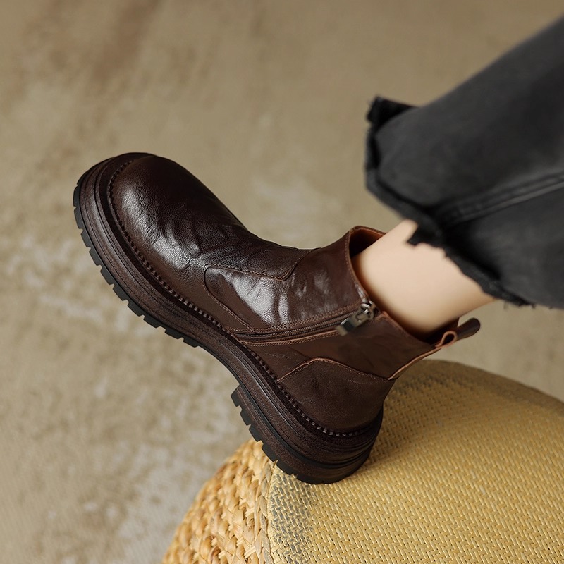 圆头厚底侧拉链马丁靴女2025秋冬新款百搭拼接高跟显瘦时装靴踝靴