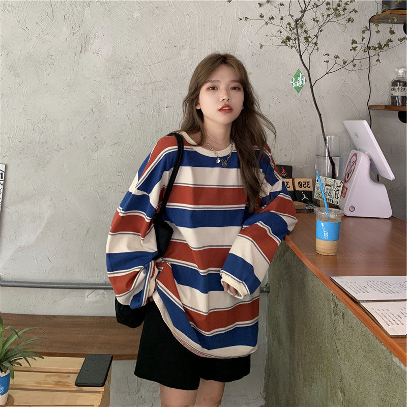 Yafeng Popular stripe Easy jacket Autumn 2022 new pattern Korean Edition Net Red Western style Long sleeve ins tidein the Women's clothing/Boutique , T-shirt  category - from Buy2taobao.com to provide professional Taobao agent buy service