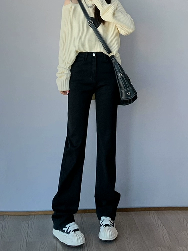 Черные осенние прямые свободные джинсы, штаны, приталенные длинные леггинсы, высокая талия, облегающий крой