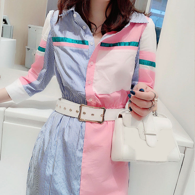 拼色气质收腰中长款方领衬衣连衣裙欧洲站2020秋季女装新款欧货