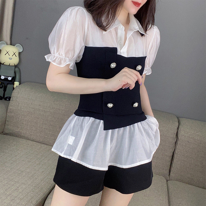 微透雪纺拼接小衫上衣假两件泡泡袖衬衫欧洲站2020夏女装新款欧货