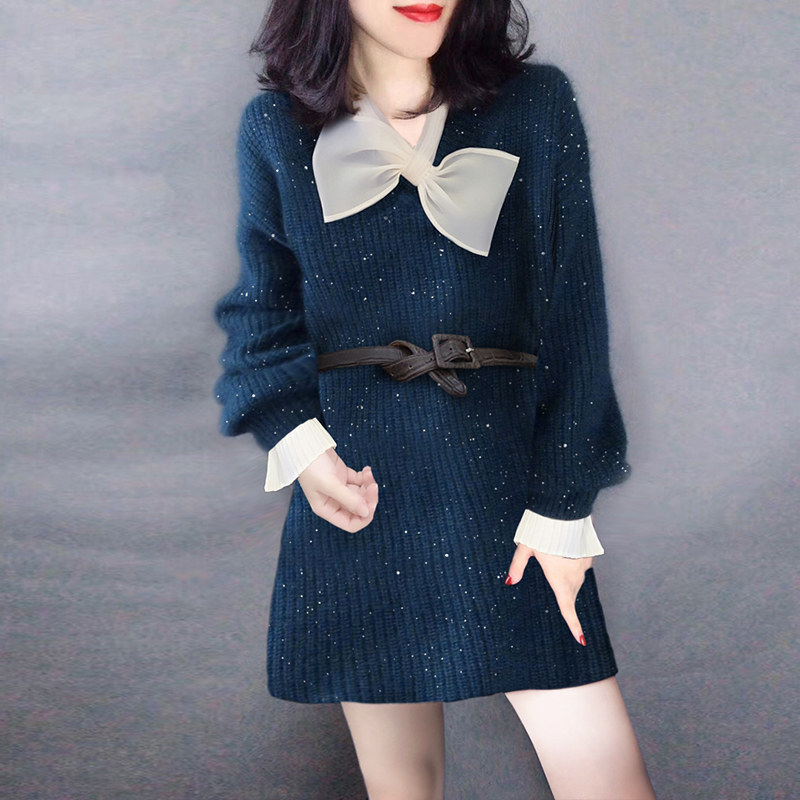 洋气收腰中长款气质打底针织连衣裙欧洲站2020秋冬女装新款欧货