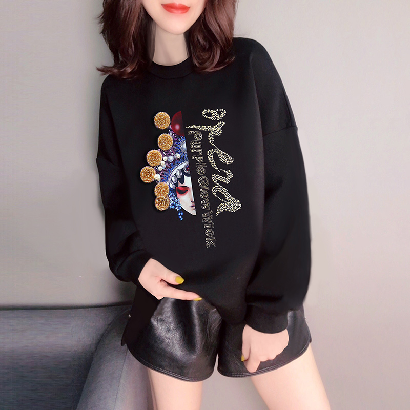 3休闲百搭黑色宽松中国风圆领套头卫衣欧洲站2021秋季女装新款欧货