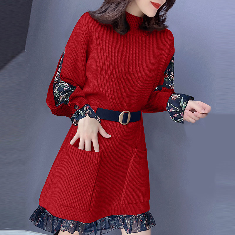 时尚减龄拼接网纱红色收腰毛衣连衣裙欧洲站2020秋冬女新款欧货潮