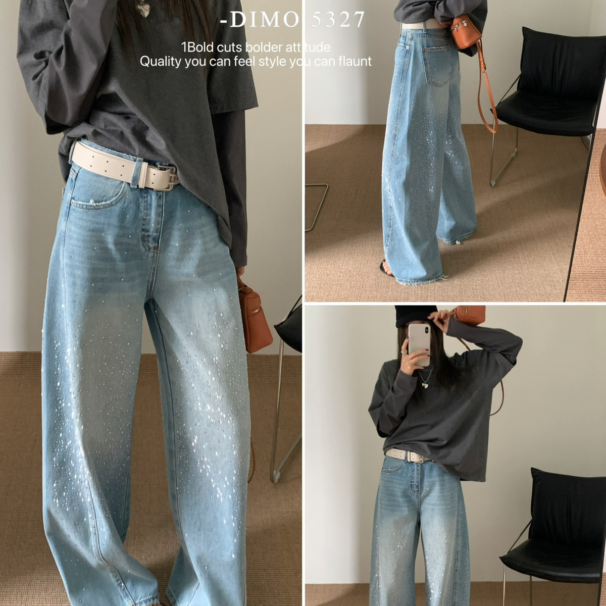 舒适烫钻宽松休闲弯刀裤牛仔裤女