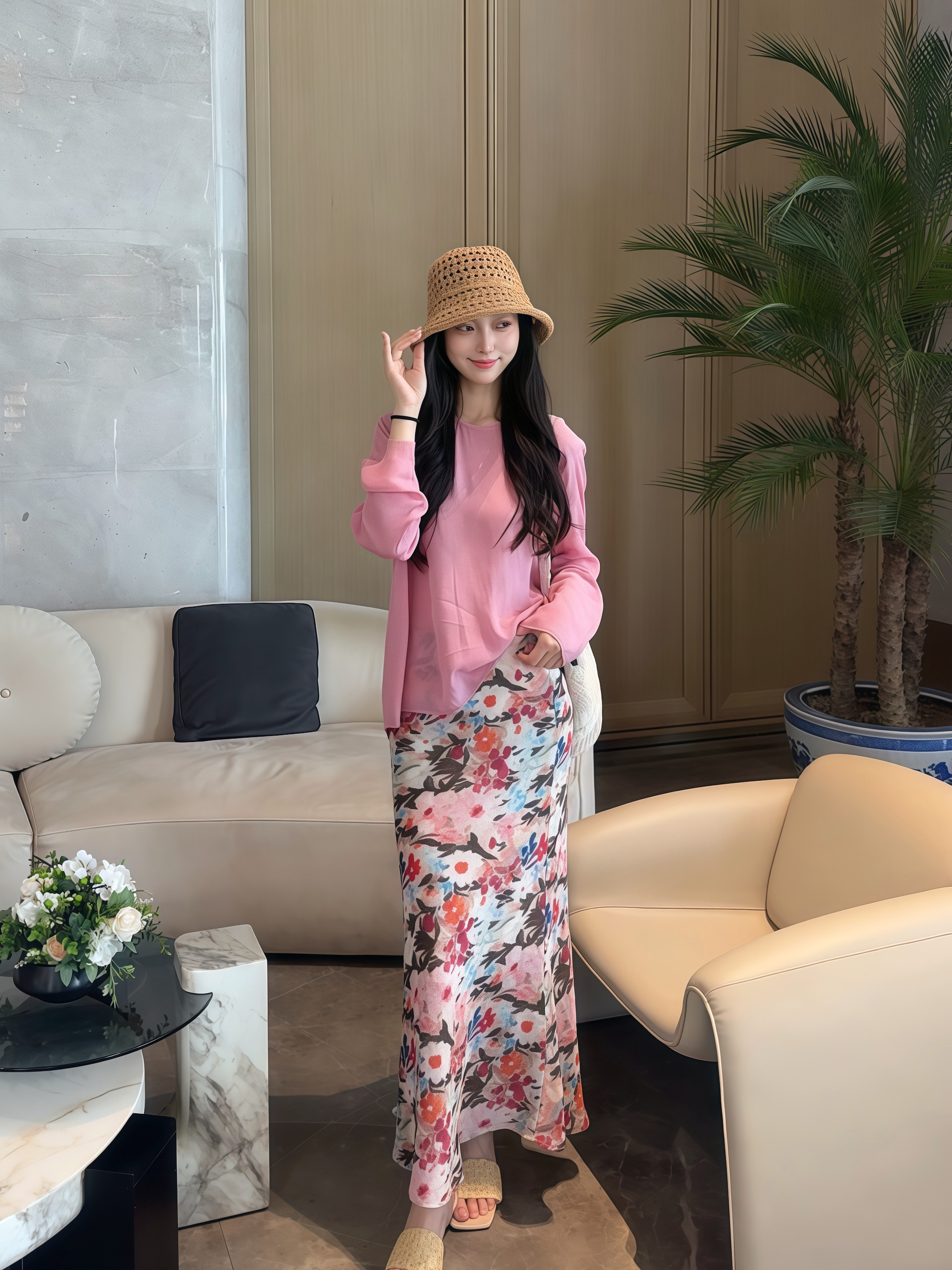 2026夏季新款 法式慵懒宽松防晒长袖上衣+花色半身长裙两件套装女