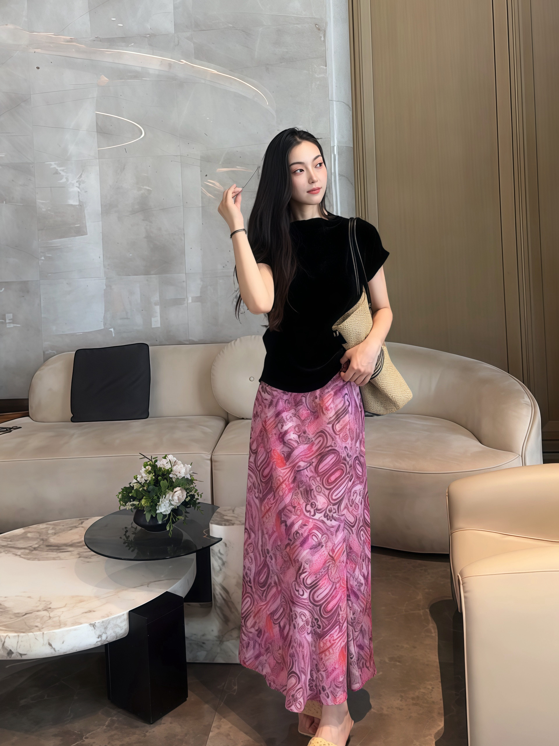 2026夏季新款人丝 百搭松紧高腰修身显瘦开衩花色半身长裙A字裙女