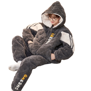 男士睡衣冬季珊瑚绒三层夹棉加厚加绒男款青少年2025年新款家居服