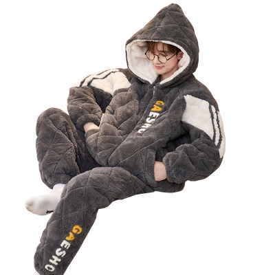 三层夹棉加厚加绒睡衣男款保暖