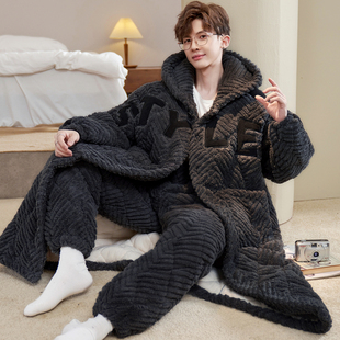 男士 三层夹棉加厚加绒长款 睡袍冬天保暖家居服 冬季 珊瑚绒睡衣男款