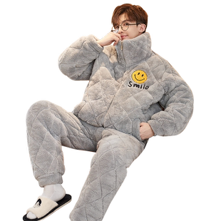 珊瑚绒睡衣男款冬季三层夹棉袄加厚加绒冬天法兰绒男士家居服冬款