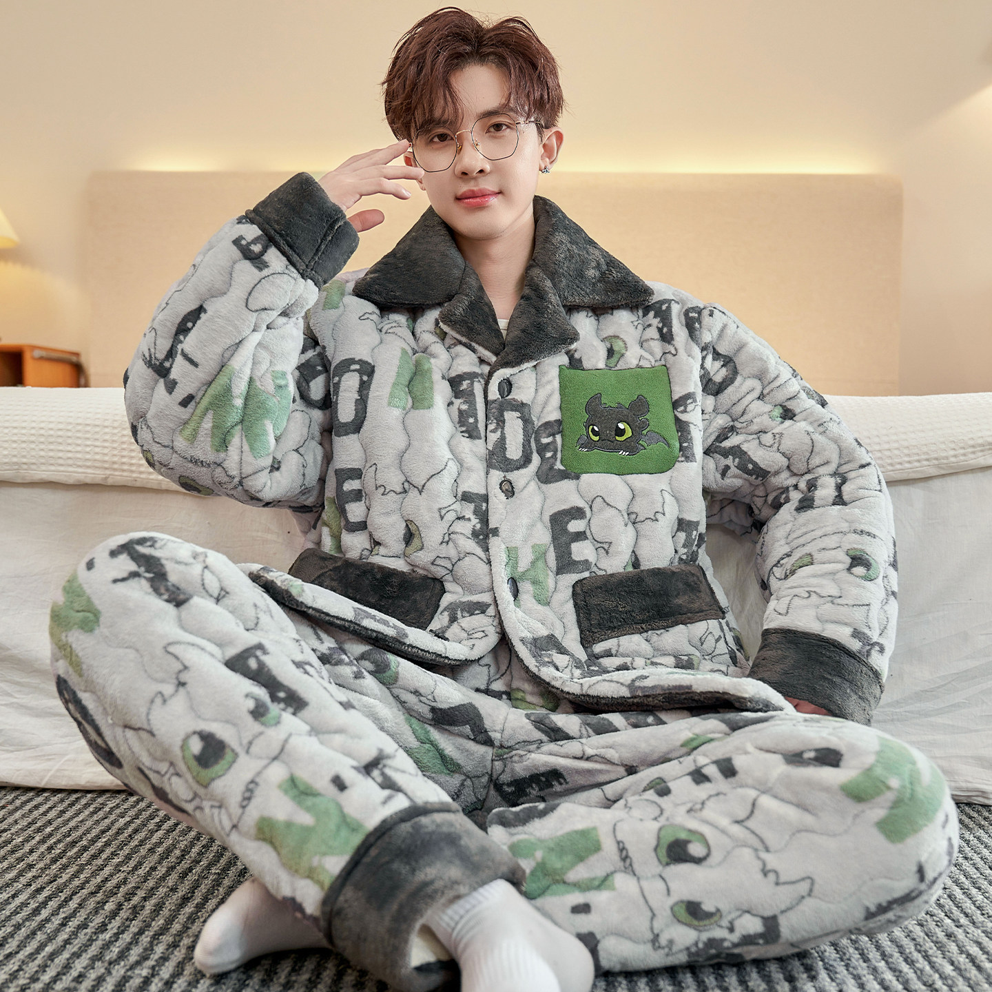 珊瑚绒睡衣男款冬季加厚加绒三层夹棉青少年学生冬款家居服男士式