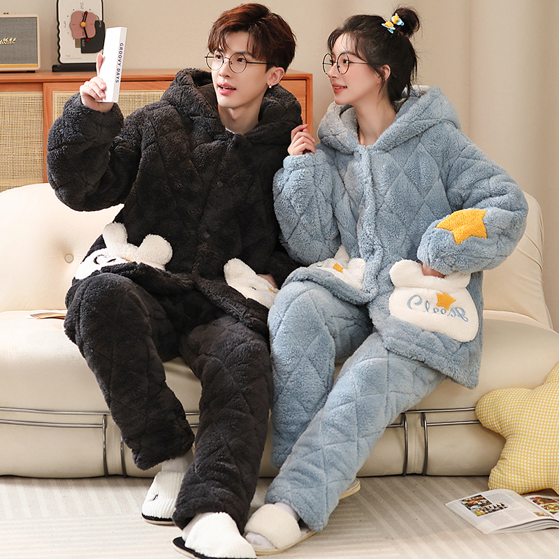 情侣睡衣三层夹棉加厚保暖睡衣