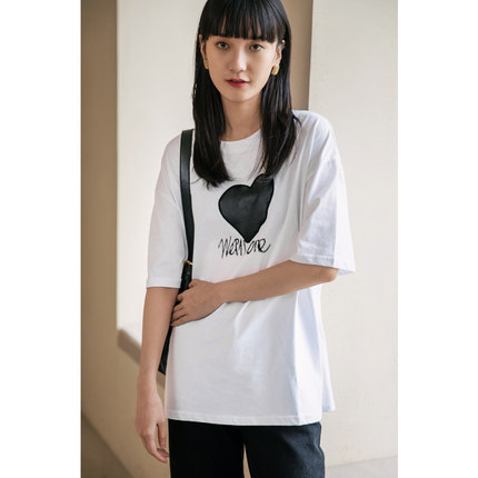 White day 2026年爱心印花白色t恤女短袖纯棉上衣夏宽松修身