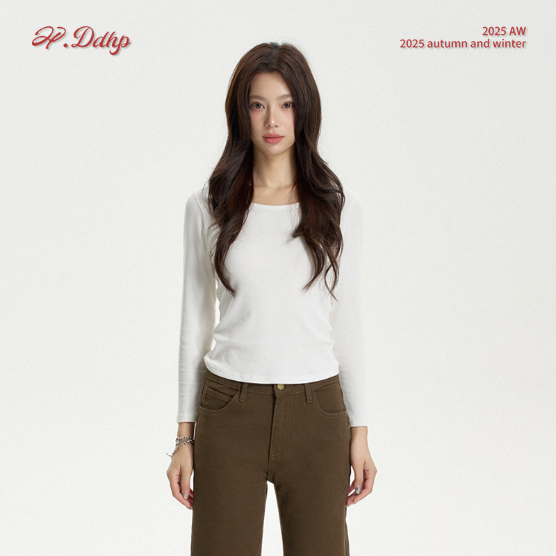 白色圆领德绒长袖打底衫女冬新款