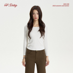 修身 DDHP 女秋冬新款 打底衫 内搭韩系纯色小众t恤 白色圆领德绒长袖