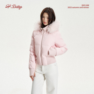 DDHP 粉色毛领短款棉服女秋冬韩系修身厚款保暖韩系小众棉衣外套
