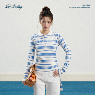 韩系蓝白设计感小众飘带短上衣 t恤女早秋新款 DDHP polo领条纹长袖