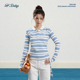 t恤女早秋新款 DDHP polo领条纹长袖 韩系蓝白设计感小众飘带短上衣