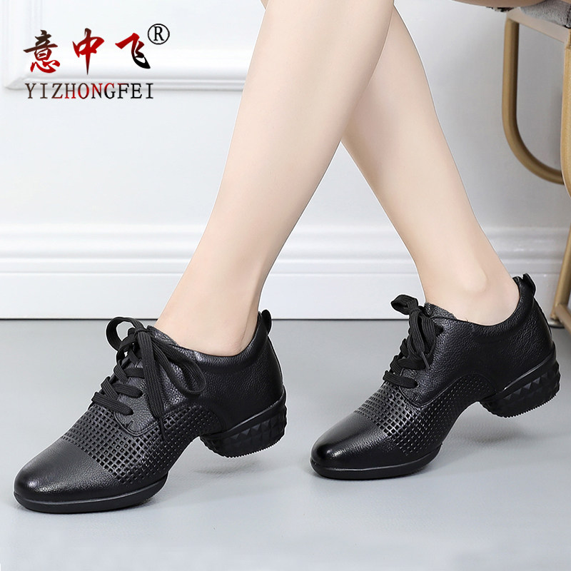意中飞新款夏季透气真皮舞蹈鞋女鞋软底广场舞女鞋中跟水兵跳舞鞋