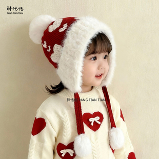 女童帽子冬季护耳帽韩版加厚爱心针织2-8岁女宝宝保暖加绒毛线帽