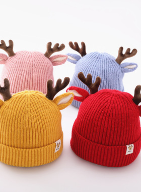 宝宝帽子秋冬季可爱鹿角儿童毛线帽1-6岁男童2女童针织保暖婴儿帽