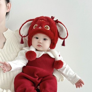 婴儿帽子冬季 超萌小兔宝宝毛绒护耳帽秋冬天婴幼儿加厚防风雷峰帽