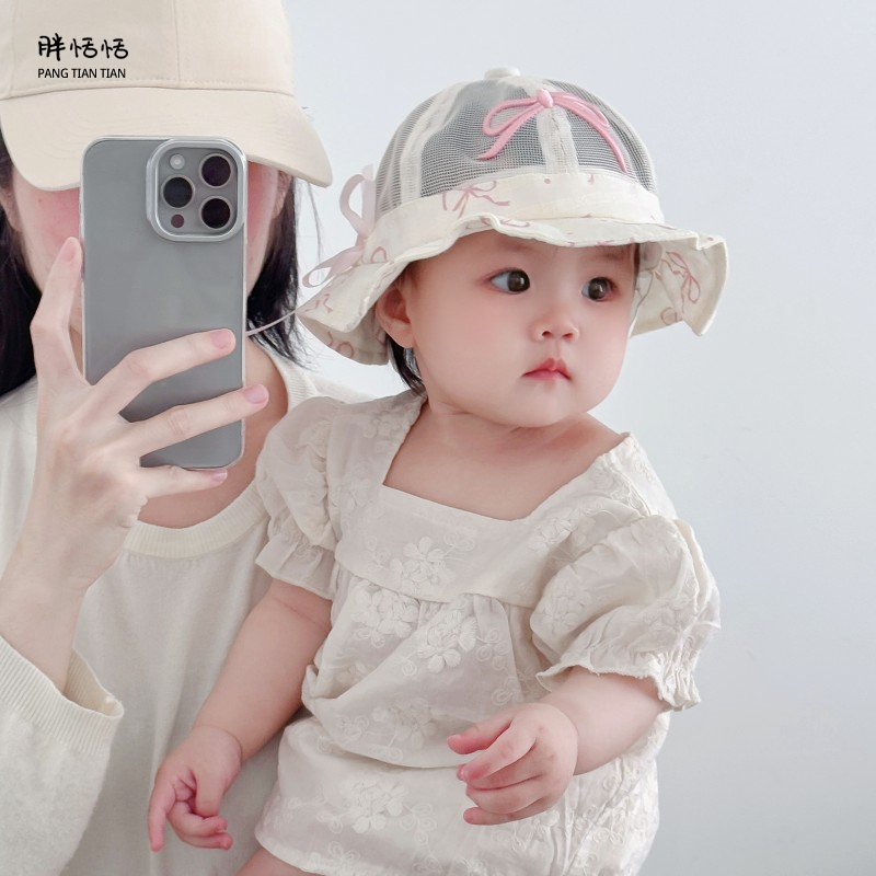 婴儿防晒帽子夏季薄款小月龄女童网眼遮阳帽夏天女宝宝渔夫太阳帽