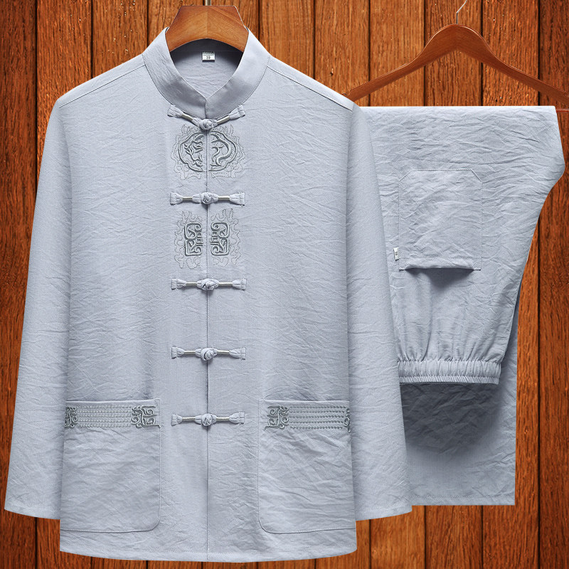 夏季薄款中老年唐装男长袖中国风棉麻刺绣衣服爷爷夏装套装爸爸装