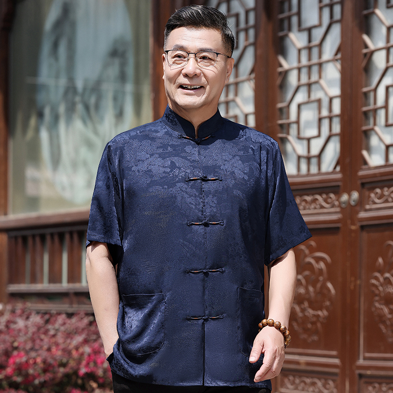 中老年唐装男短袖中国风爸爸装衬衫老人衣服宽松大码汉服中式套装