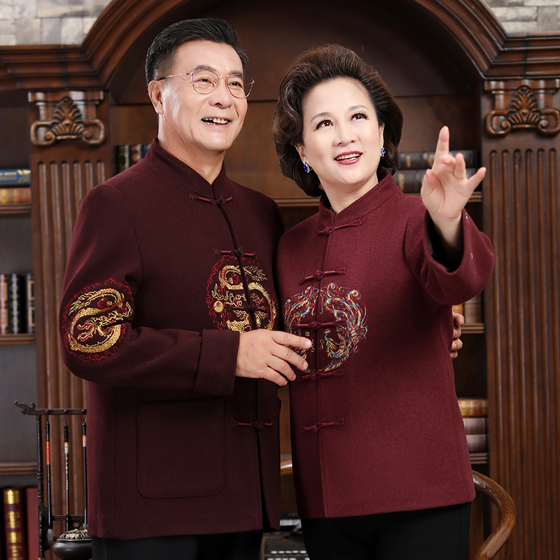 中老年情侣装唐装男爷爷中式生日过寿秋装毛呢外套套装老年人礼服