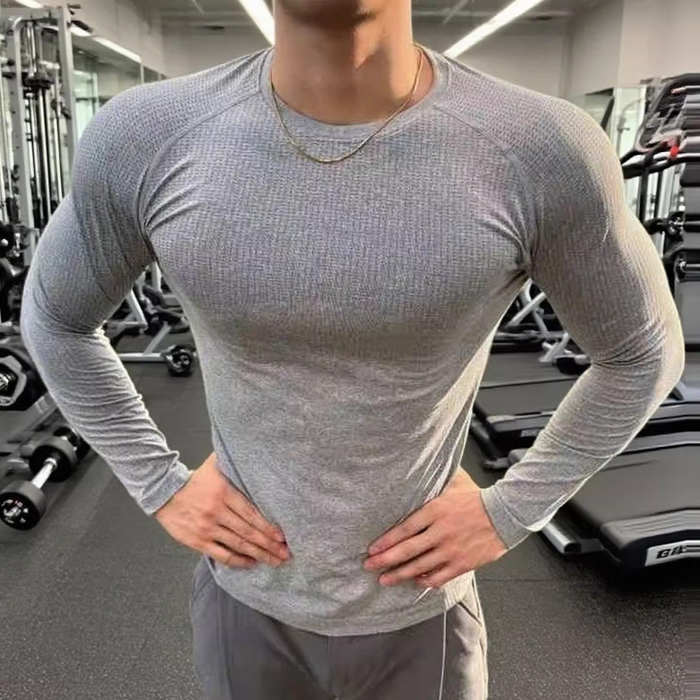 无缝提花运动T恤男长袖跑步训练