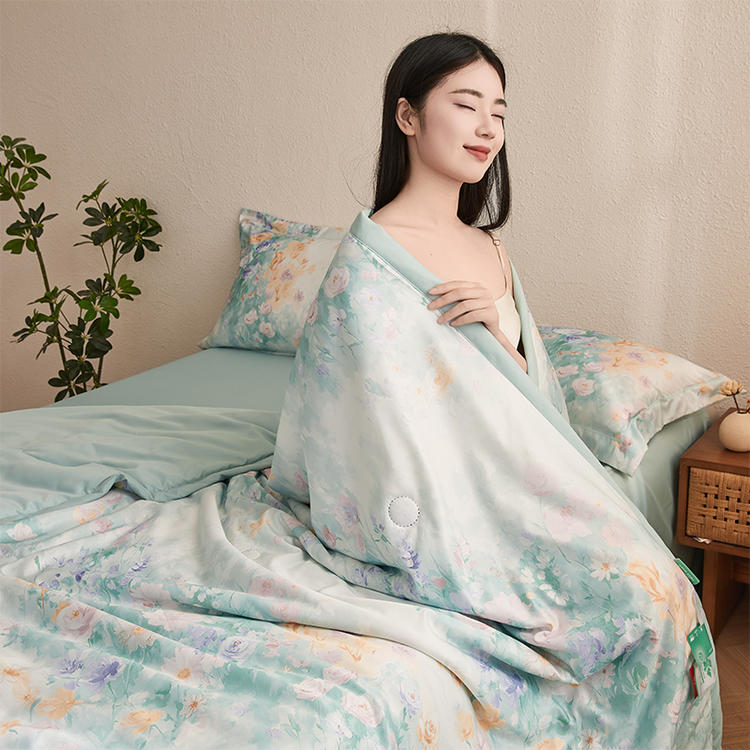 浪莎艾草水洗凉感丝空调被4件套-梦江南花卉图案优雅柔软夏凉被