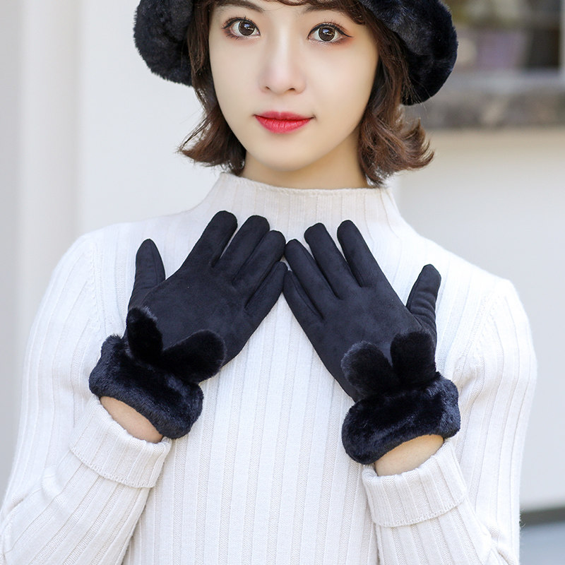 手套女冬季韩版加绒加厚时尚麂皮绒保暖卡通可爱学生冬天骑车手套
