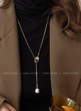 长款珍珠金色毛衣链项链