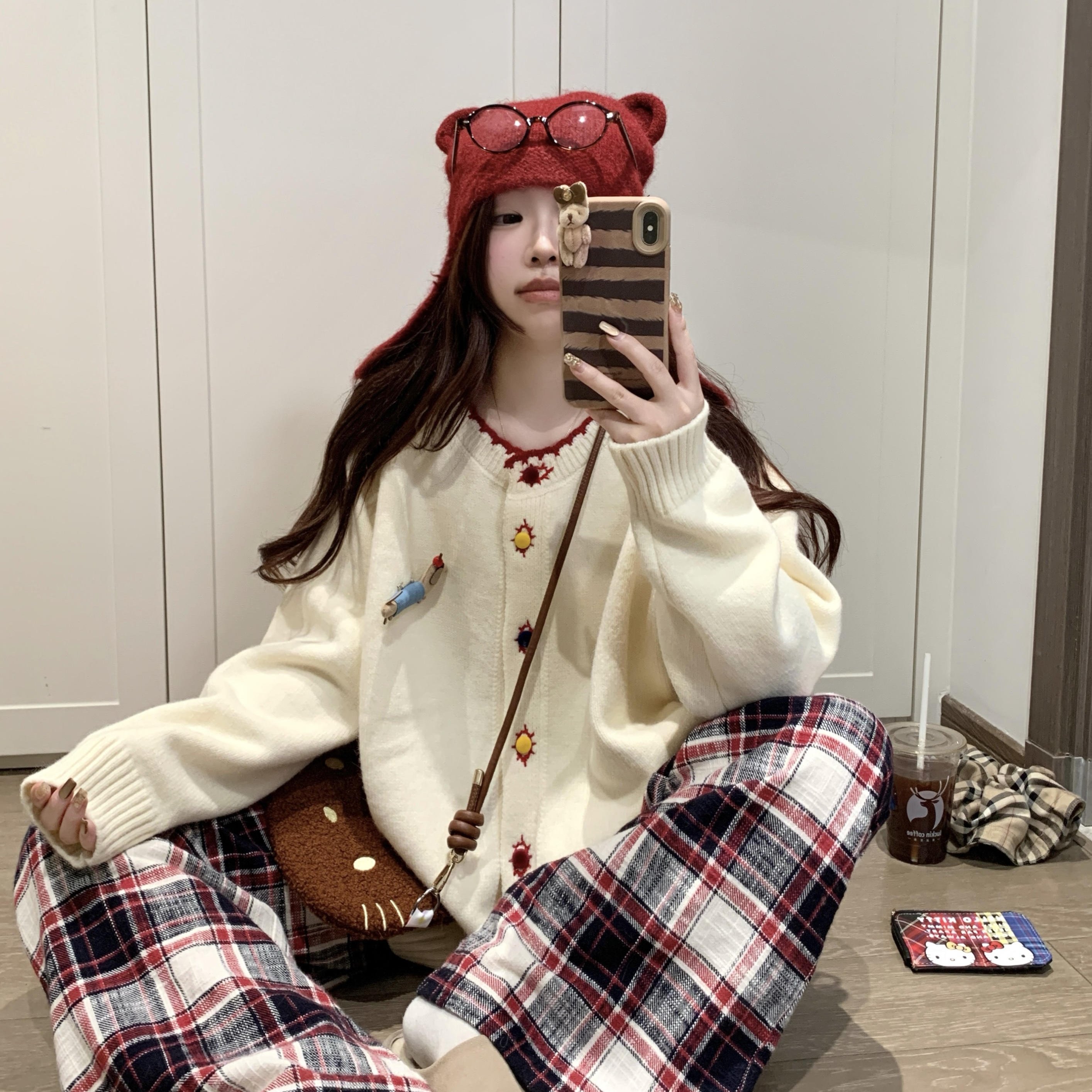 实拍~大码甜美减龄重工刺绣立体小狗加厚毛衣开衫