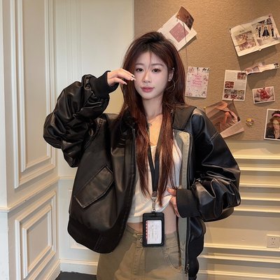 实拍 可拆卸连帽双面穿bomber皮衣夹克短款廓形飞行服外套
