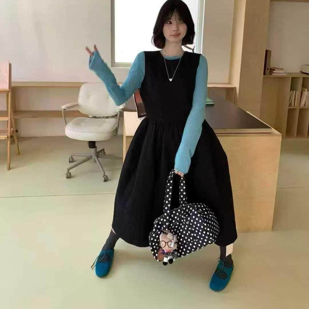 实体档口韩系复古无袖背心中长款连衣裙女秋冬2025公主风蓬蓬裙