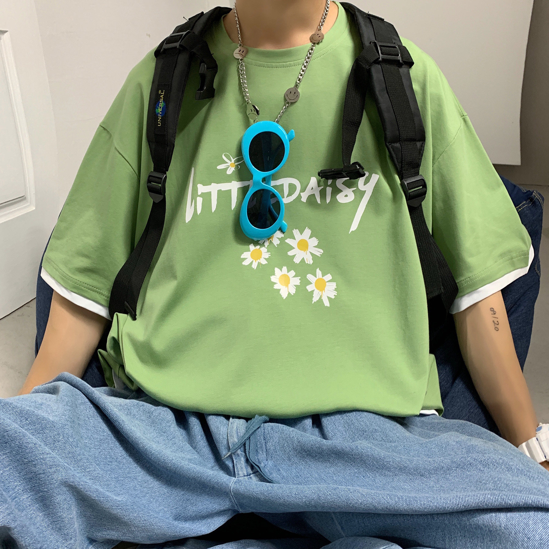 LT30068-P30小雏菊港风ins假两件t恤男短袖男五分袖男 港风图片