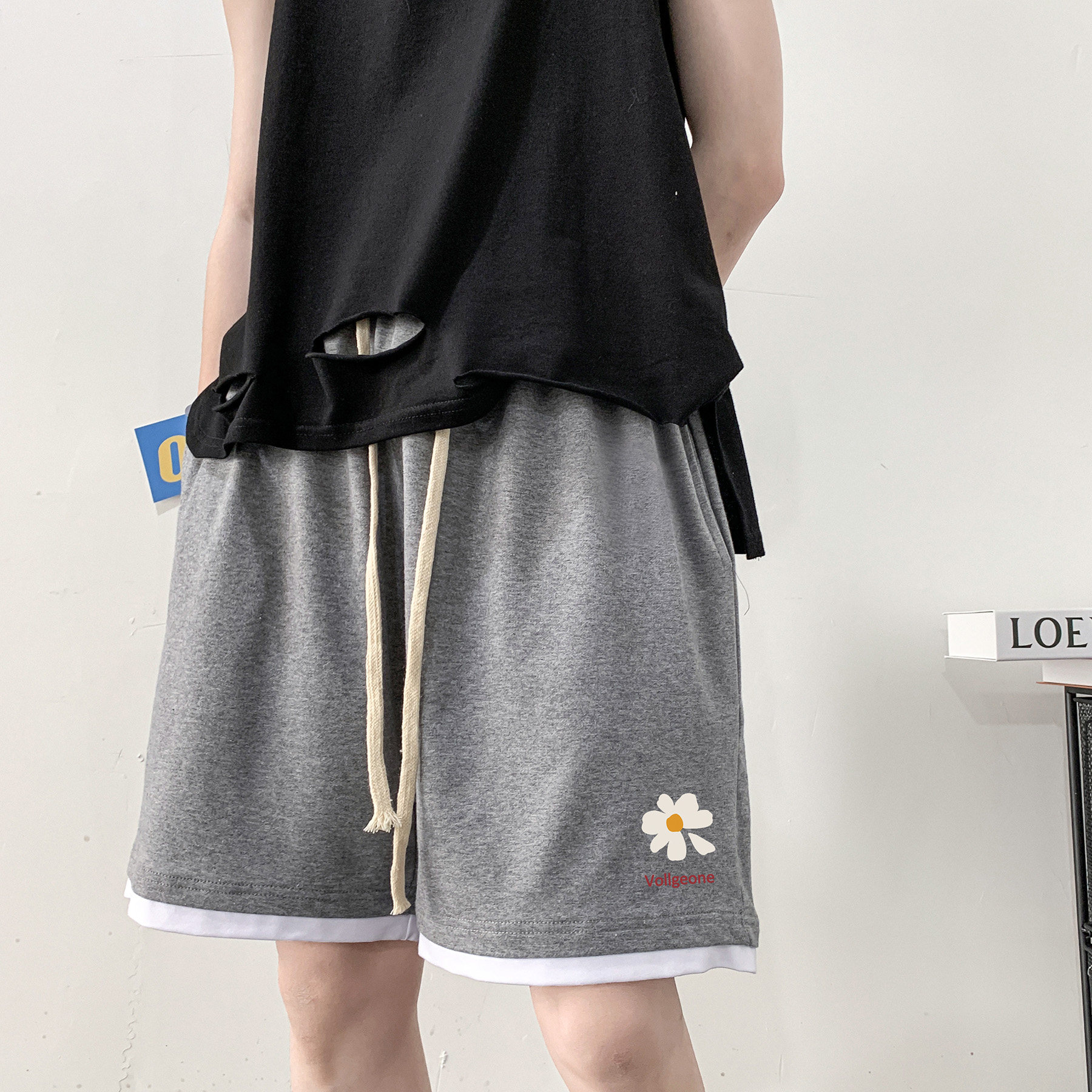 LK32059-P30 小雏菊假两件运动短裤男大码五分裤男沙滩裤男 港风图片