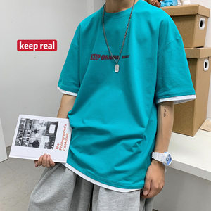 LT30071-P30假两件t恤男短袖男大码5五分袖男半袖