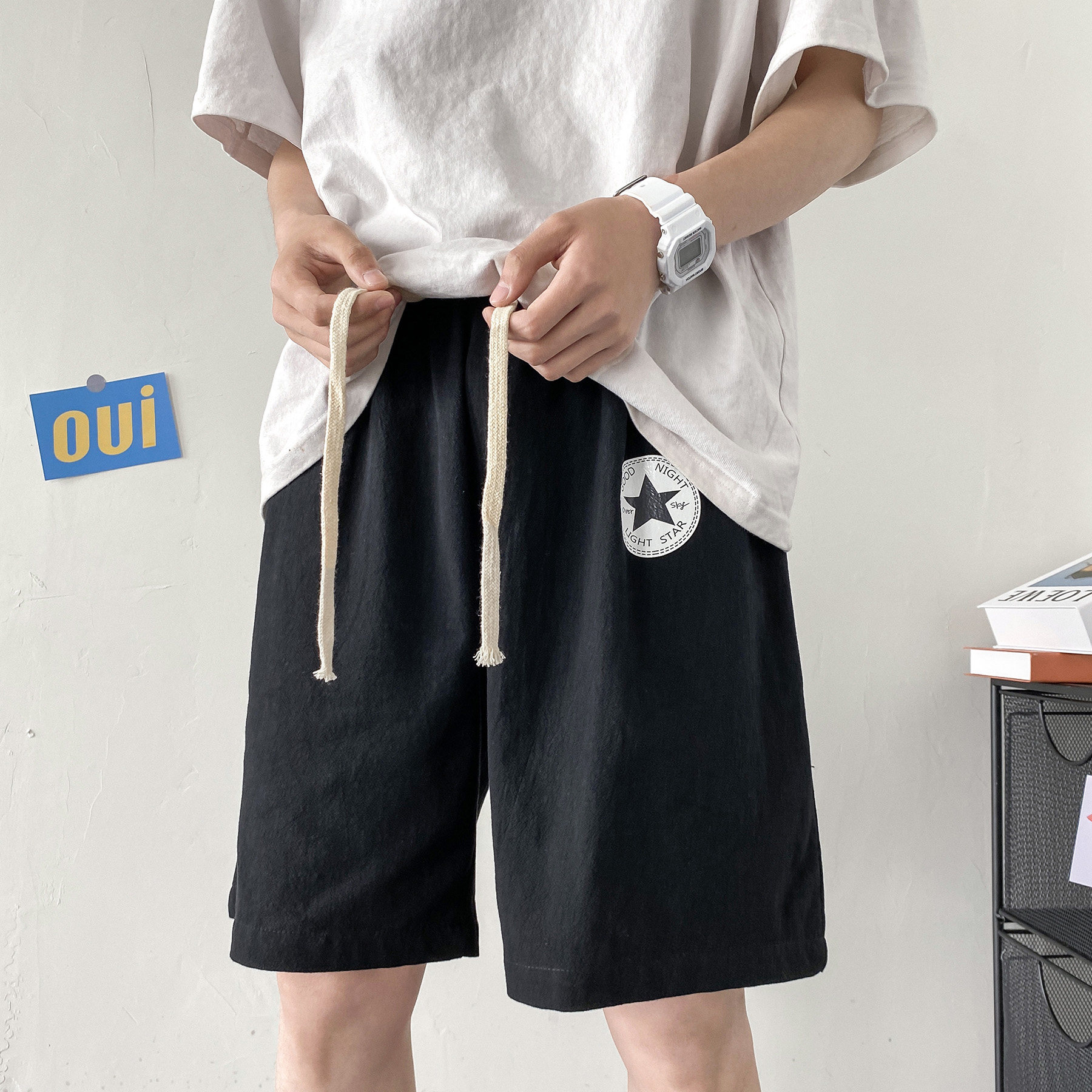 YD33008-P25 港风潮牌亚麻短裤男大码棉麻五分裤男中裤沙滩裤图片