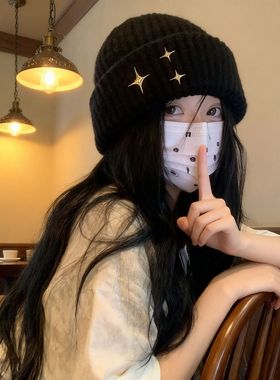旅游登山针织帽子立体星星针织毛线帽女保暖堆堆包头帽翻边冷帽